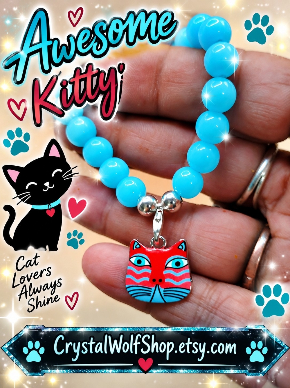 Turquoise Blue Beaded Bracelet with Red Cat Charm